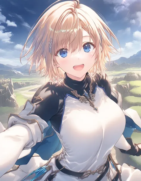 1girl,  little female, short hair, beautiful breasts, beautiful detailed eyes,open mouth, outdoors,wind, fantasy, game CG, break,((artist:mitsumi_misato)),(artist:fujiyama),(artist:suzumori),(masterpiece), (best quality), (ultra-detailed), very aesthetic, ...