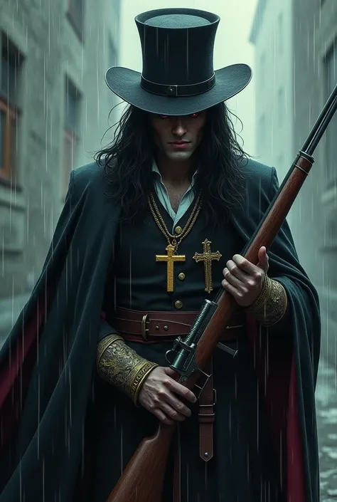  Vampire man wearing a van hellsing hat,  with extremely sexy black hair ,  sad, under the rain, red eyes, a crucifix in the golden neck , in Templar clothing,  hat who has an antique rifle in his hands and an antique revolver held around his waist 