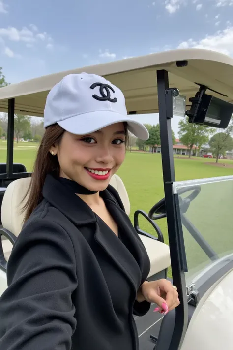 POV selfie of a cute girl with a big smile. Big . Ponytail. Wearing a high fashion brand fall golf outfit. Wearing a Chanel white baseball cap. Standing next to a golf cart on a golf course.