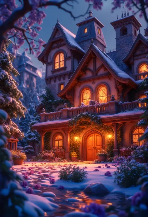 Cozy house, ground floor ,  high roof ,  there is a terrace ,  gort lamp and there is light in the windows , Night, winter,  around trees in the snow and snowdrifts