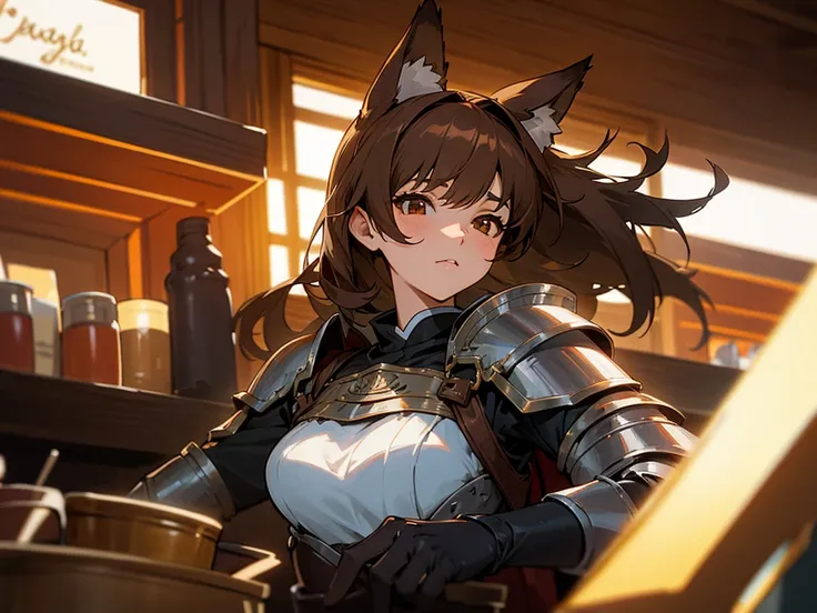 Adult Foxgirl in a tavern, dark brown hair, brown eyes, fox ears, silver heavy knight armor, masterpiece, high quality