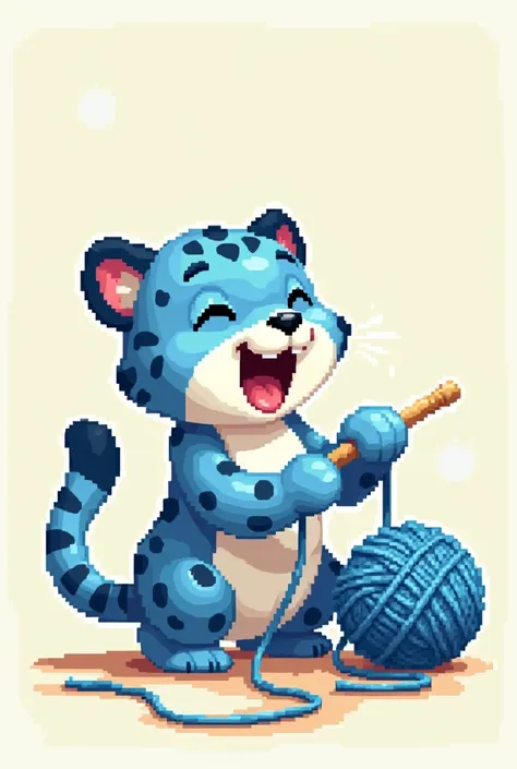 Blue and white jaguar playing with a ball of there while having an expression of joy in pixel art