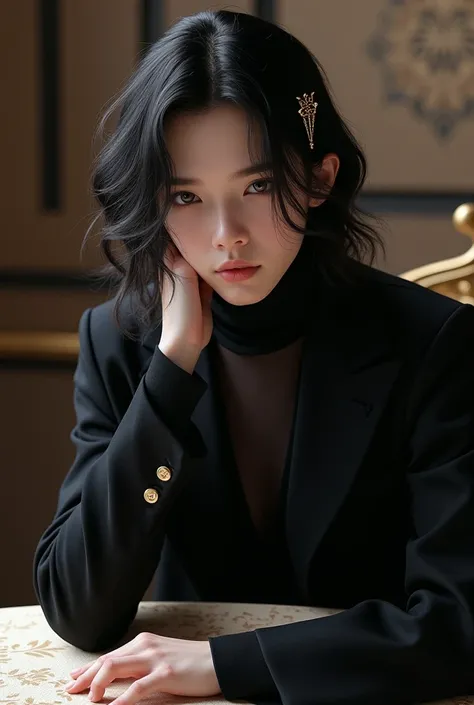  A 15-year-old Japanese boy , white skin, violet-eyed,  and beautiful long eyelashes , beautiful wavy black hair long below the shoulders,  has a hairstyle with a male hairpin in his hair ,  whose expression is cold and stoic , He wears very elegant black ...