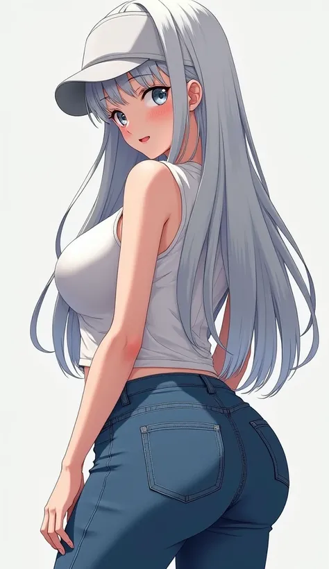 (hinata hyuga, very sensual, straight hair,  white-haired, with tight clothes,  very big ass,  very thick legs , medium breasts in sight,  breasts marked , wearing jeans, big body,  White eyes, without shirt, umbigo com pirsing, Big hair, very realistic,  ...