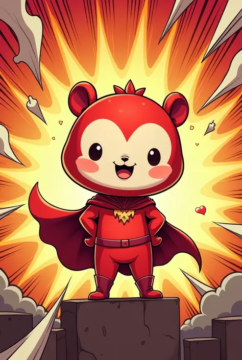 A cute cartoon hero representing heart, in red comicbackground, 