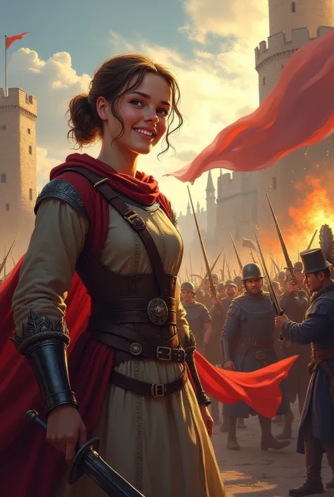 Context: joan of arc is 17 leading the French attacking the English castle and wins the battle Have the angry English man have a speech bubble or something and say" is that a 😡"And to the right have joan smiling ot laughing or something
For thumbnail. 
