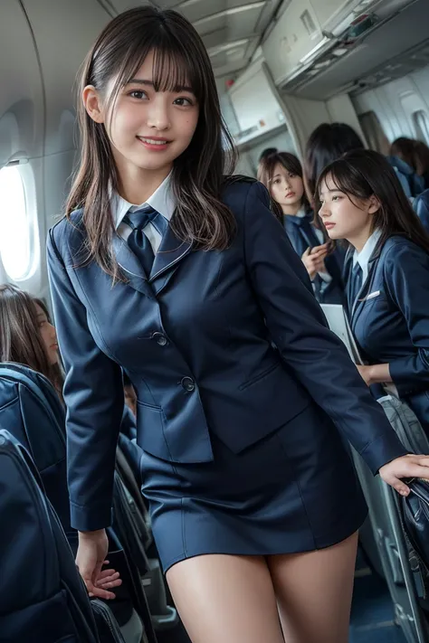 (masterpiece, top quality, best quality, official art, beautiful and aesthetic:1.2),((smile:1.1)), bangs、 black hair、 full body photo:1.1,Big Breasts、( Glossy Skin), Realistic characters,1girl,Business class in the cabin aisle of a 、( Stewardess Uniform :1...