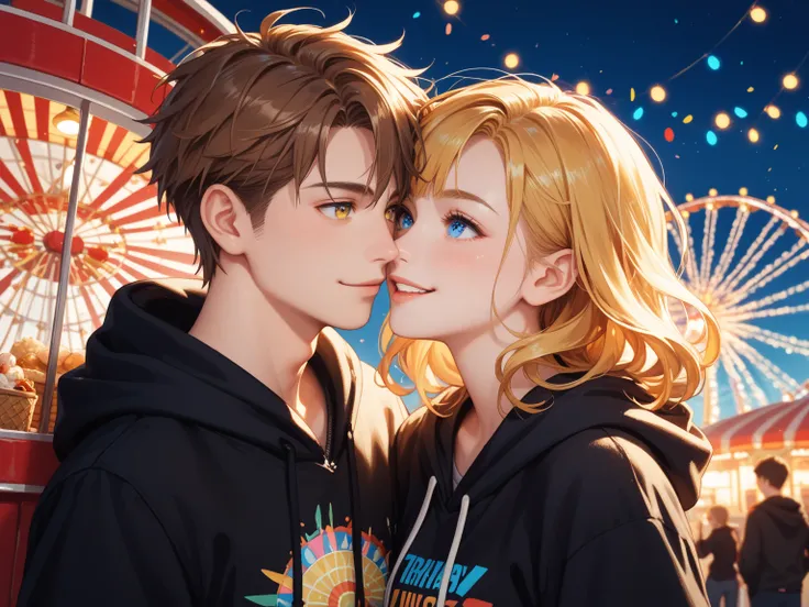 Anime-style artwork featuring a couple at a lively funfair with a colorful background including ferris wheels, booths, and festive lights. (The is on the left and has brown hair, yellow eyes, and wears a black hoodie. He is facing the woman with a curious ...