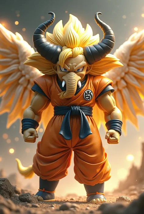 Goku fused with a golden elephant with white wings and black horns