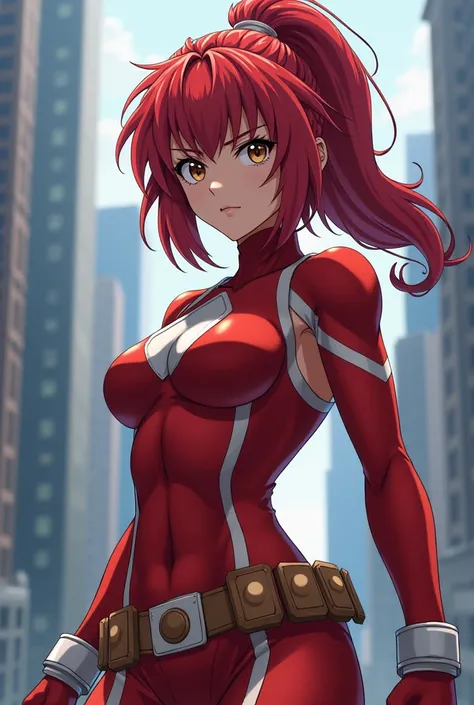  My Hero Academia style ,   anime girl , woman, young woman ,  full body shot ,( Fighting Stance :1.3),Long Hair, Red Hair,   Brown Eyes , hero suit, Full Body Suit,  red suit with white details, perfect anatomy,  enhanced abs , super detailed,(building:1....