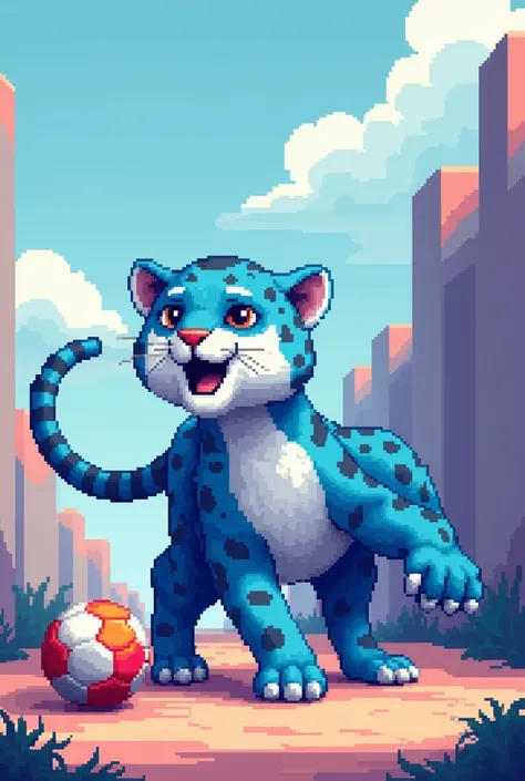 Blue and white jaguar playing with a ball from there while having an expression of joy in pixel art squares