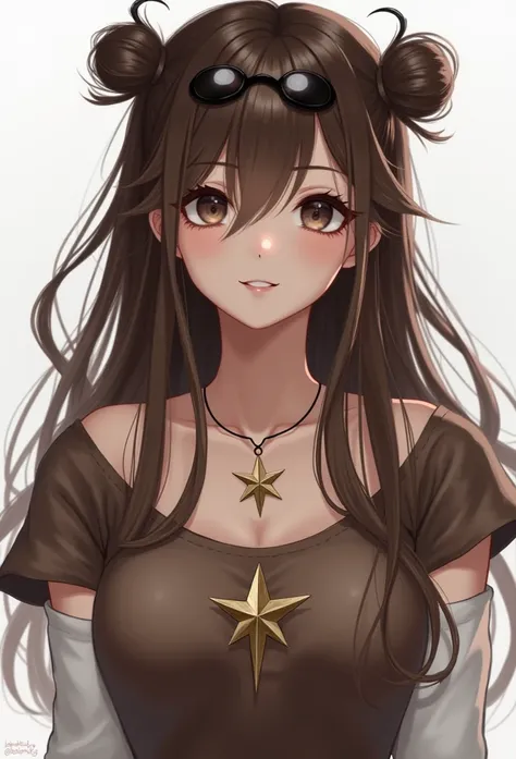 realistic girl,  normal skin brown hair ,  long hair,  she has two small locks tied up with a hook in the back,  she has black lenses on her head ,  she wears a brown top with a star in the middle , She wears a star necklace ,  she has white arm warmers on...