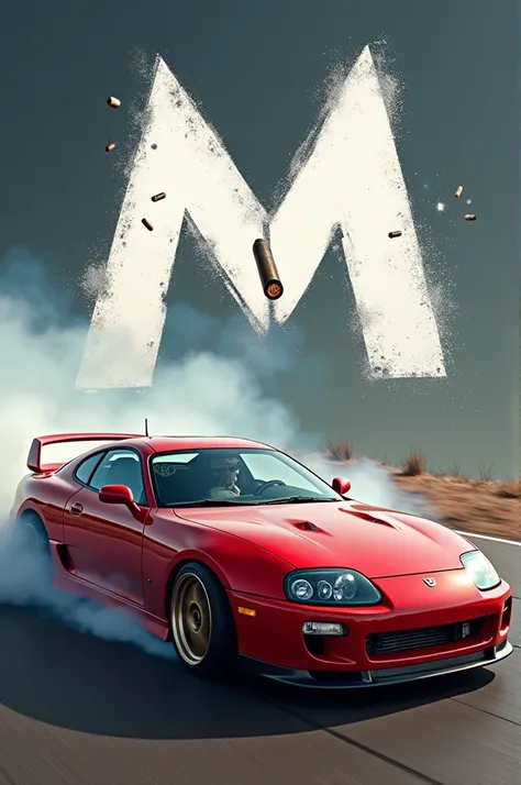 As a white letter M being penetrated by a single bullet and below a Supra mk4 drift