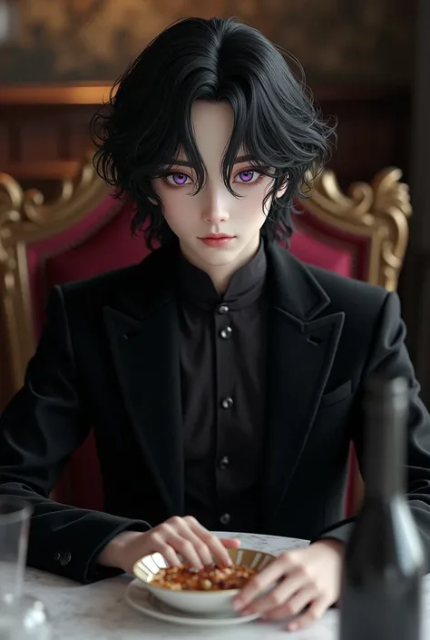  A 15-year-old Japanese boy , white skin, violet-eyed,  and beautiful long eyelashes , beautiful wavy black hair long below the shoulders,  has a hairstyle with a male hairpin in his hair ,  whose expression is cold and stoic , He wears very elegant black ...