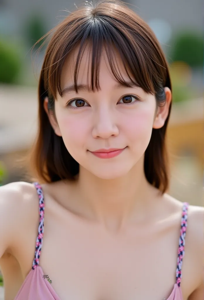 realistic photos、focus on the face of a cute high school girl、bikini,nipples