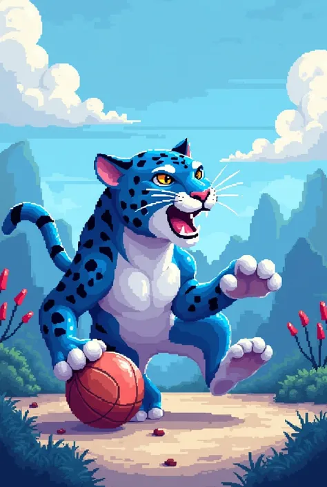 Blue and white jaguar playing with a ball from there while having an expression of joy in pixel art squares