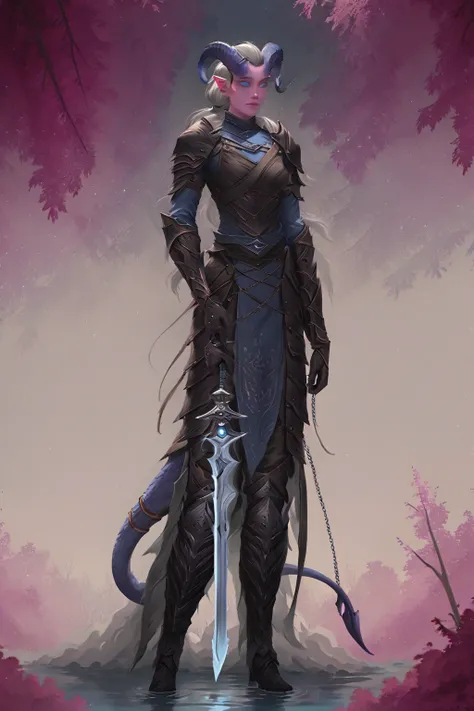  dark forest, trees. ((1Tiefling  ,  expressive face  ,  curious   ( grey irises , black and blue eyes ),  blue and white pupils on the shore ) , (27 years old) , ( small thick dark gray segmented straight horns  ,  girl , blue-grey leather, stands at half...