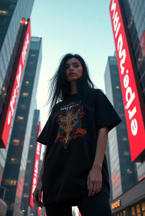 Crie um baner pra loja de camisetas streetwear oversized. Let it have in the background several buildings with the name of the store ,  and a woman with a long black haired back with a printed t-shirt. The name of the store is Izadora Ferrari style. Be ver...