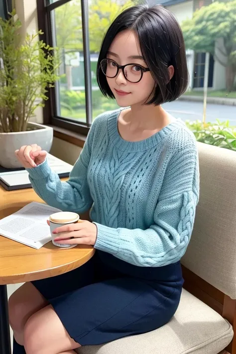 (High Definition), One Female, Japan Person, Cute, Black Hair Short, wearing Cable Knit & Paneling Long Skirt peal Blue Glay for Female, Small Oval Eye Glasses Frame, Sitting on a chair, Lean on some cushions by window at Coffee room, Cup of coffee & some ...