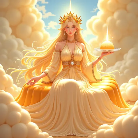  The Goddess of Puddings is a graceful figure ,  with a golden skin like shiny caramel and eyes that sparkle like crystal sugar . Her hair is long and wavy,  with shades that vary between cream and honey .  She wears a flowing tunic made of translucent lay...