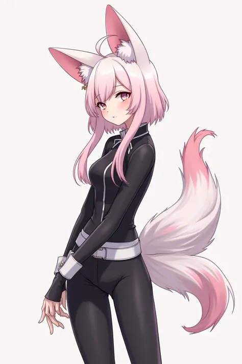  Anthropomorphic girl with a white and pink color scheme has large pointed ears with pink inside and a tuft of pastel pink hair on the top of her head . Her eyes are a little closed , , which gives her a peaceful expression, she wears a black outfit with c...