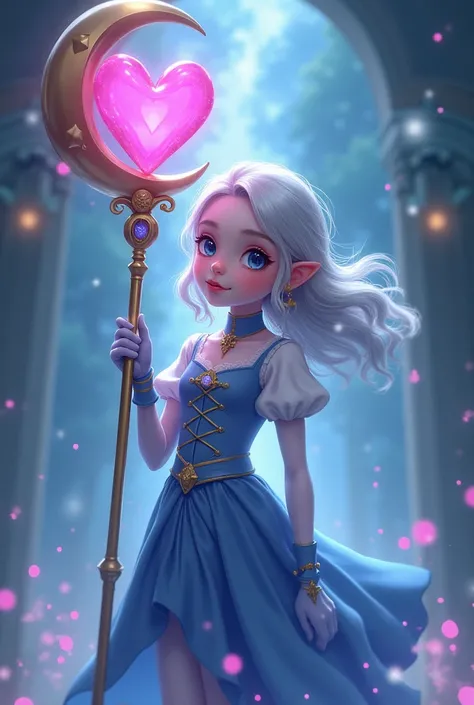  Wax a 14-year-old magic girl with a scepter that matches her magic costume and that has fair skin and round eyes and has a pink heart in the center and that wears gloves and a skirt and her hair up to her shoulders in silver color and that is a mime-sleev...