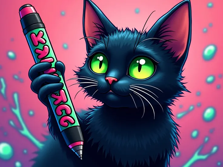 Black cat green eyes with a Kawai iPad pen that says Kylde Cat with black letters fondo con gotas de color neon y con un ipad