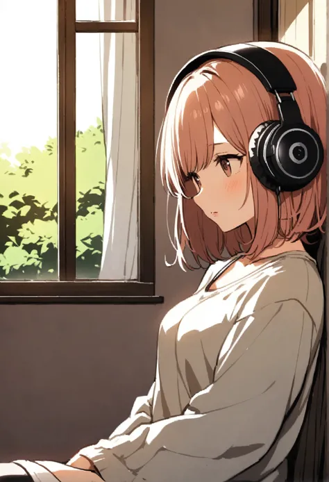 A woman wearing headphones is relaxing by the window