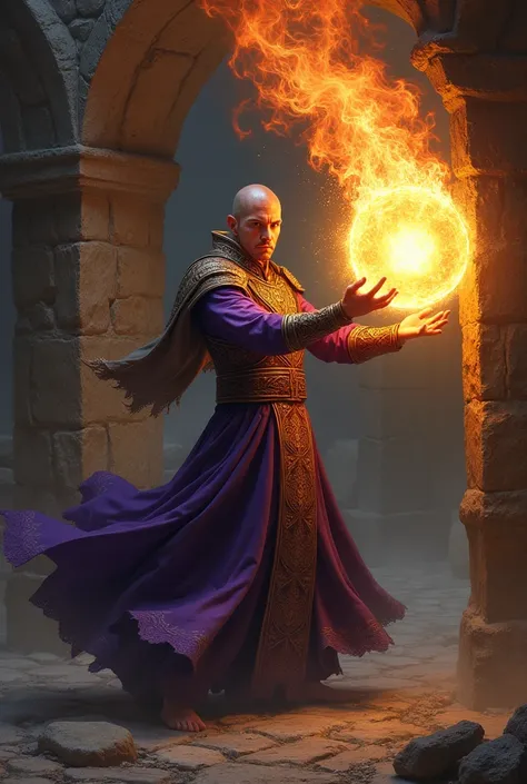 A shaved man wearing a purple dress with a gold pattern throwing a fireball, He is in a dungeon