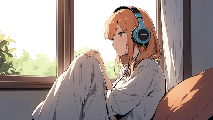 A woman wearing headphones is relaxing by the window