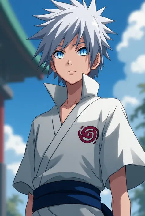 a ninja from the Hyuga clan with short spiky gray hair without retina 
with a white tunic outfit with bluish silver eyes with a sash with the konoha symbol in anime style