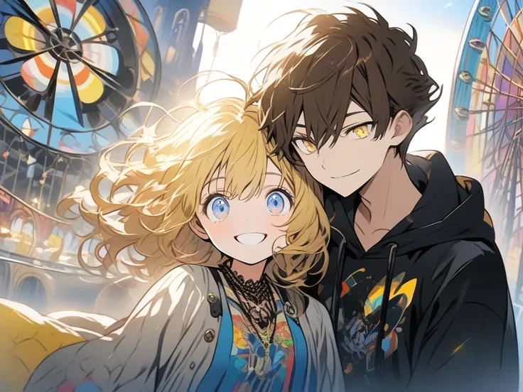 Anime-style artwork featuring a couple at a lively funfair with a colorful background including ferris wheels, booths, and festive lights. (The is on the left and has brown hair, yellow eyes, and wears a black blank hoodie. He is facing the woman with a cu...