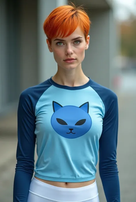 A realistic image of a 25-year-old American girl with vibrant orange hair cut in a short, modern style and bright green eyes that exude determination and confidence. She is wearing a long-sleeved T-shirt in a modern and elegant style. The body of the shirt...