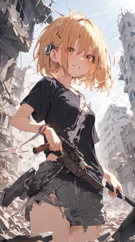 a girl、a tense look、sharp eye、 short hair、  wearing ragged clothes 、 a determined attitude 、 small breasts、  with weapons in han...