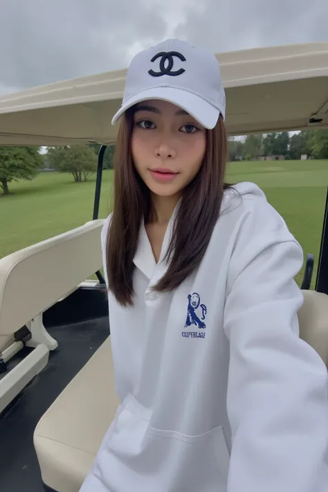 POV selfie. Big . Ponytail. Wearing a branded high fashion long sleeve golf suit. Wearing a Chanel white baseball cap. Standing next to a golf cart on a golf course.