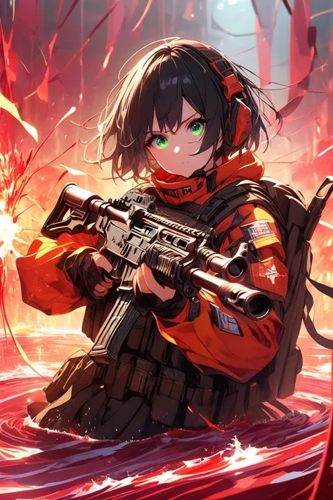  full-length girl standing in a river of blood , black short hair square  ,  green eyes  , tactical clothing ,  high-tech Kalashnikov rifle in hand  , top side view