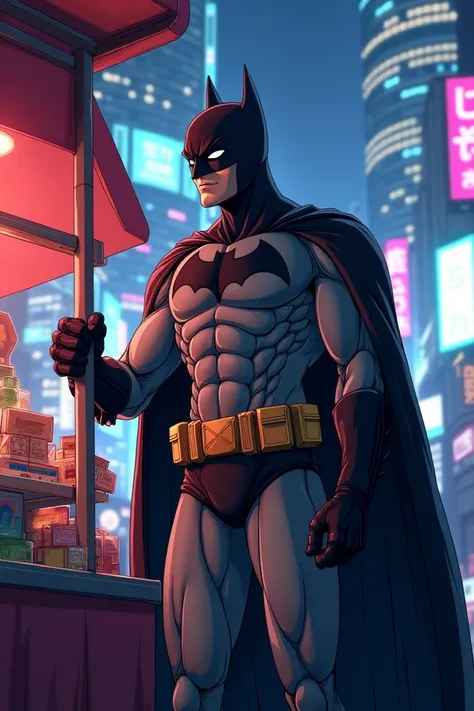 A anime picture of Batman selling 