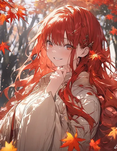 masterpiece、   girl、  redhead、Long Hair、笑face、  face ，Walking Outside，Autumn scenery，  The maple leaves are scattered ， one hand is raised ， I look at the maple leaves falling on my hand with a smile