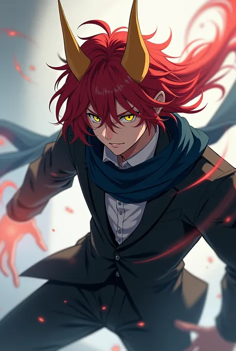  Young adult anime boy with long red hair with golden horns and yellow eyes dressed in a black suit and a dark blue scarf. in defensive position ,protecting yourself with an energy shield,