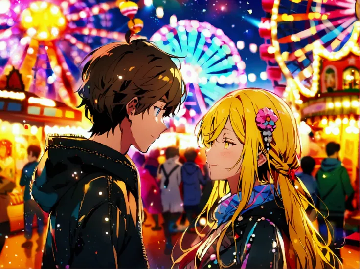 Anime-style artwork featuring a couple at a lively funfair with a colorful background including ferris wheels, booths, and festive lights. (The is on the left and has brown hair, yellow eyes, and wears a black blank hoodie. He is facing the woman with a cu...