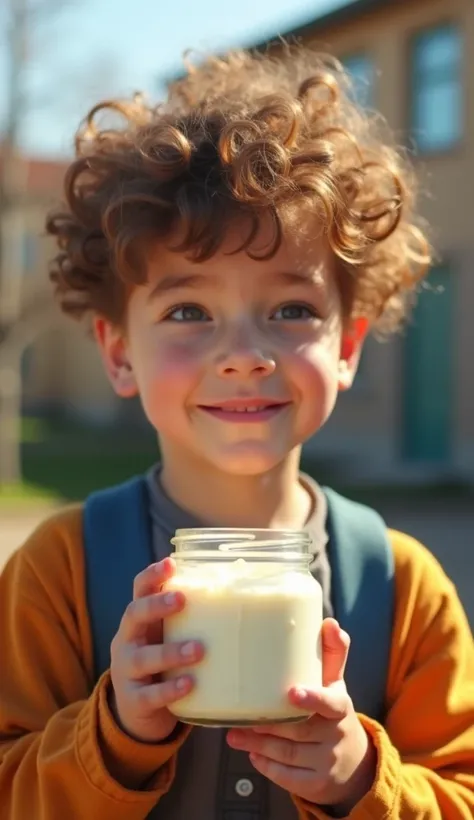 a realistic half-closed shot of a copper-colored boy politely winking at the sound of accomplices in the schoolyard holding a jar of yogurt with one hand