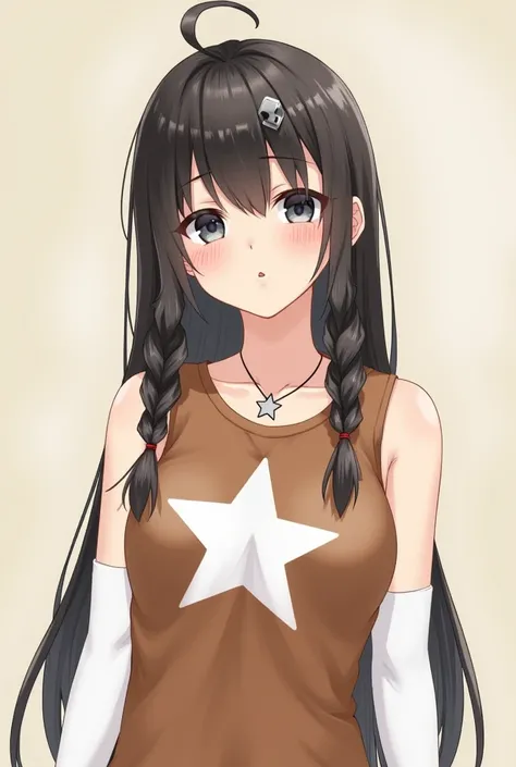 realistic girl, normal skin, for the coffee,  long hair,  and has two locks of hair tied together with a hook ,  she wears a sleeveless brown shirt , with a white star in the middle ,  she wears white arm warmers on both arms ,  she wears a silver star nec...