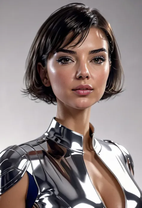 ( Best quality,8 k:1.2, high definition :1.2), ultra-detailed , realistic, retro sci-fi female superhero, Short hair,extremely detailed faces,  long lashes , shiny metal chrome armor , compressed ,gloves,physically-based rendering, clear focus ,white studi...