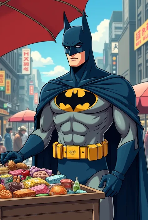 A anime picture of Batman selling Stuff