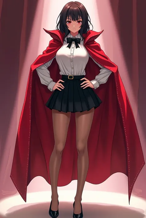 manga style drawing, female stage magician,  no head, red cape, white tuxedo shirt, black bow tie, black miniskirt, tan pantyhose, black pumps, hands on her hips