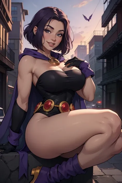 Raven 1girl, solo, long hair, looking at viewer, purple short hair, purple eyes, smile, , bangs, breasts, simple,  fang, bare shoulders, scar, bare shoulders, closed mouth, hair over one eye, portrait, hair over shoulder, legs, golden belt seductive, black...