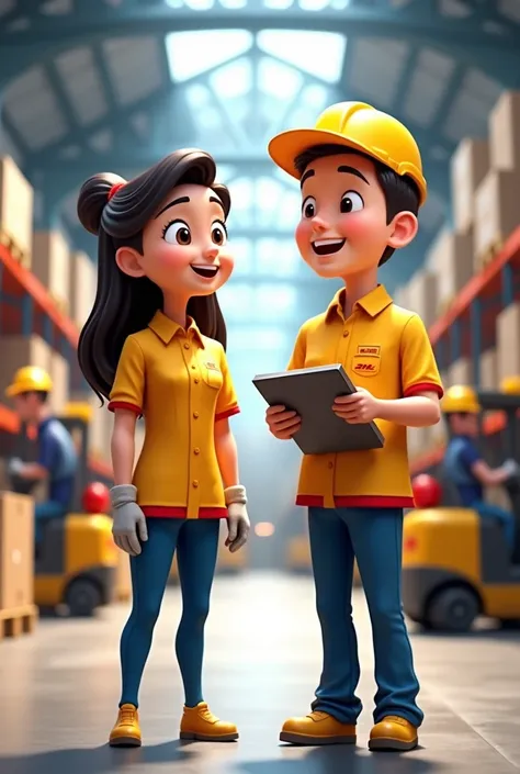 "Create a commemorative scene in the logistics environment with forklifts and pallets ,  boxes and workers wearing PPE .  Include two friendly mascots representing two Occupational Safety Technicians in each image:  one female and one male one in each imag...