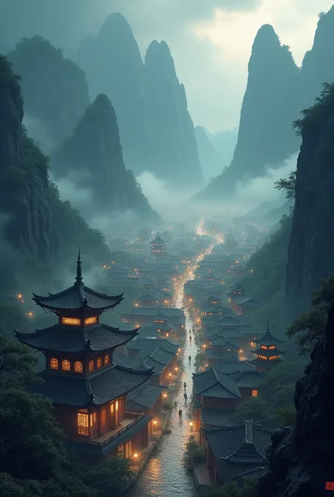 Ais image of an ancient Chinese city in a mountain valley that is beautiful but holds a dark mystery and darkness that is frightening and enchanting