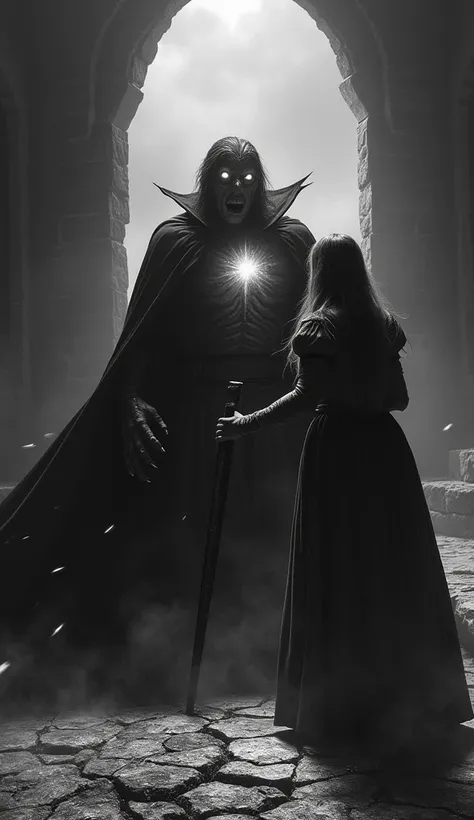 In the same monochrome setting, Vlad Dracula recoils as the wooden stake is driven into his chest. His monstrous form twists in agony, his glowing eyes wide with shock. The jagged shadows of his clawed hands reach out toward the peasant woman, who stands f...