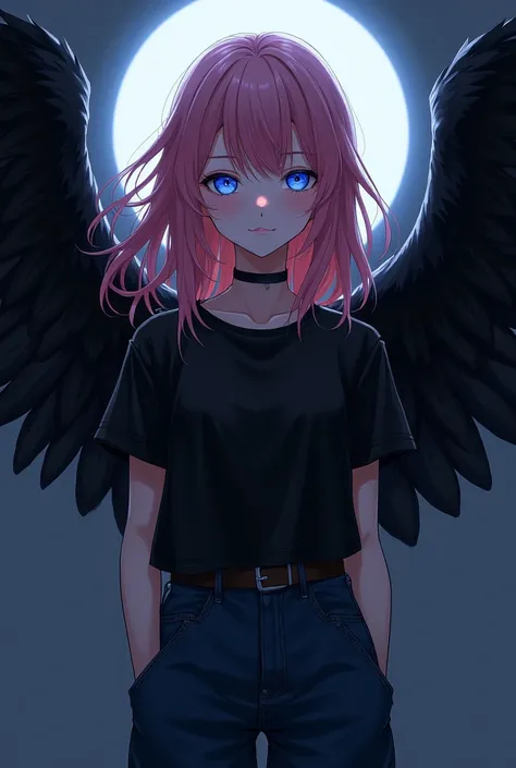 A beautiful girl, a 16-year-old girl with a beautiful face, a cool and modest smile, shiny indigo eyes, pink hair, cold expressions, big black wings, wearing a black shirt, wearing wide jeans, surrounded by a black halo, anime drawing, high-quality drawing...